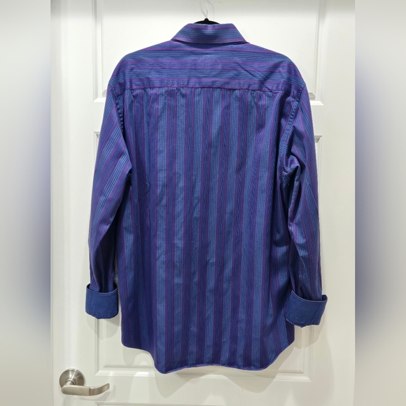 BUGATCHI BUTTON UP DRESS SHIRT FLIP CUFF BLUE & PURPLE STRIPE MEN XL SHAPED FIT - Picture 5 of 11
